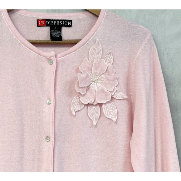 VTG IB Diffusion Cardigan Sweater Womens Large Pastel Pink Flower Dainty Fairy - Picture 5 of 11